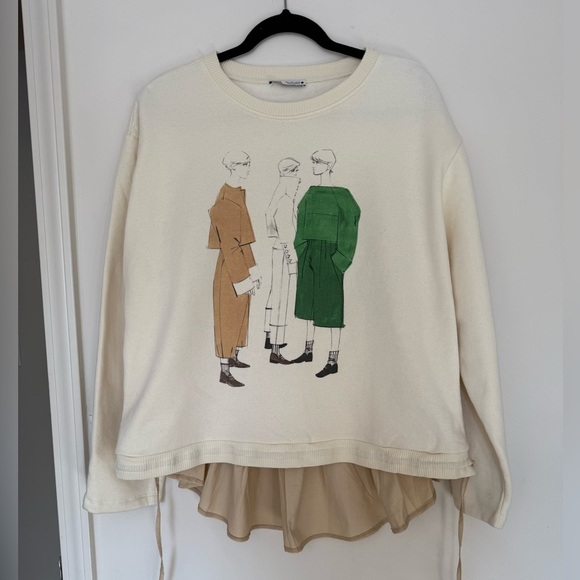 ZARA Women’s Cream Long Sleeve Layered Blouse Graphic Swearshirt - size Large - Picture 2 of 10